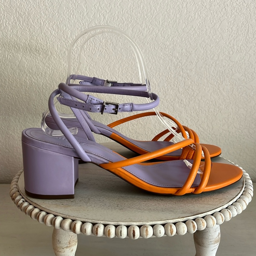 Schutz Aiyra leather mid-block heeled sandals purple/orange size 9 NEW